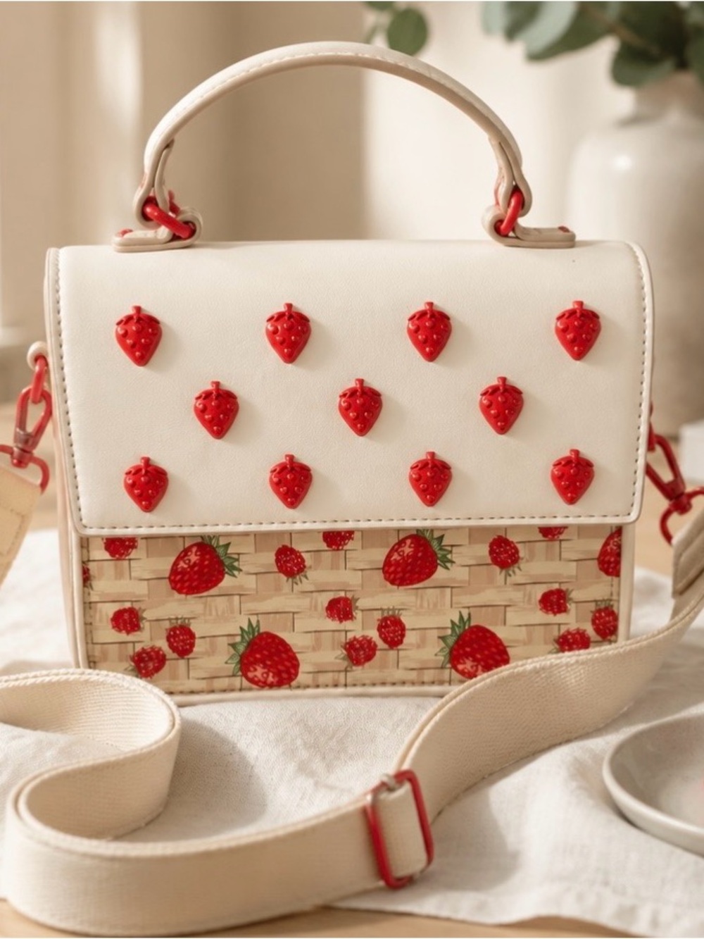 BETSEY JOHNSON Hand Bag Purse Crossbody Satchel Strawberry Berries Basket Weave